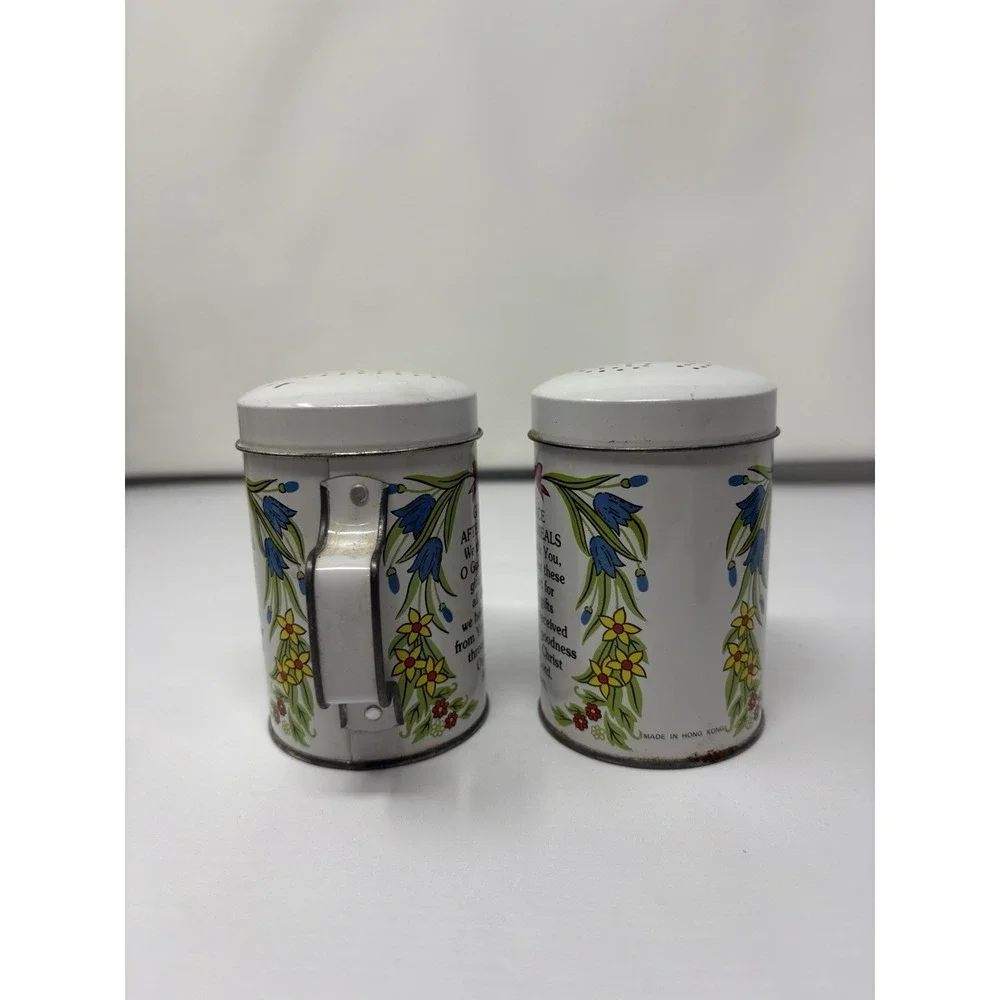 Vintage Tin Salt & Pepper Shakers Grace Before & After Meal Prayers 1950 MCM